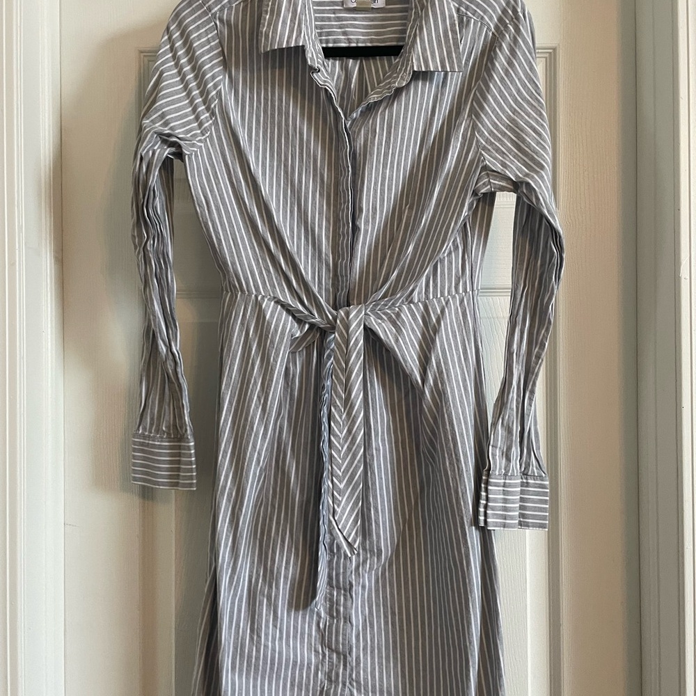 Calvin Klein Gray Striped Long Sleeve Dress